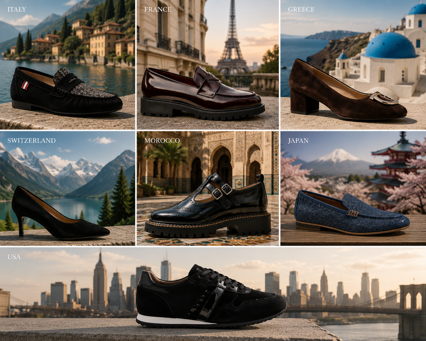 Levin Shoes footwear collage featuring styles inspired by Italy, France, Greece, Switzerland, Morocco, Japan and USA